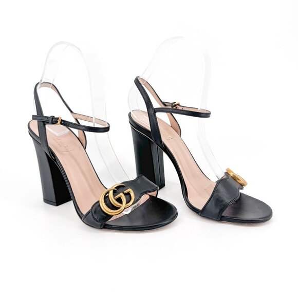 Gucci Marmont GG Logo Black Leather Block Heel Sandals Shoes Size 37 US 7 Women - Picture 1 of 15